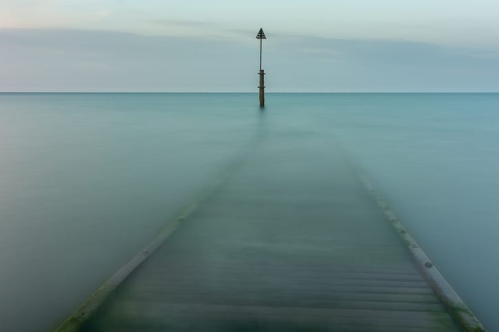 A flooded jetty on the Llandudno coast in North Wales