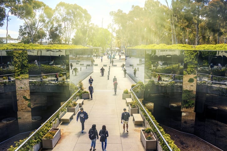 Mirrored pathway to Geisel Library, the main library at the University of California