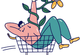 Illustratrion of person in cart with vine and flower wrapped around their arm, giving a thumbs up