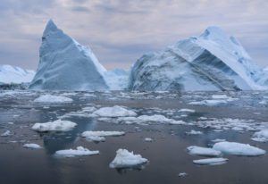 Icebergs at the end of the Ilulissat Icefjord, western Greenland