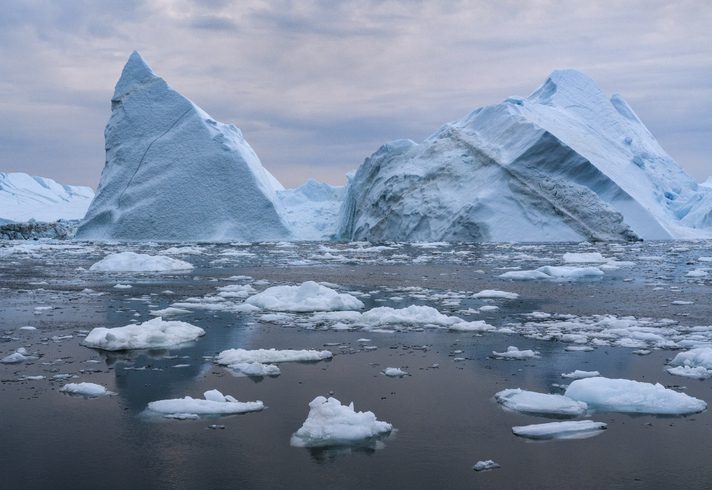 Icebergs at the end of the Ilulissat Icefjord, western Greenland