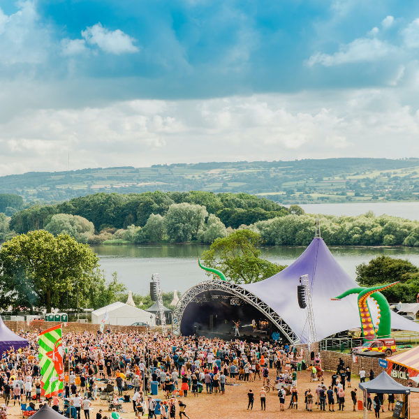 The view down the Valley Fest festival site, overlooking Chew Valley Lake