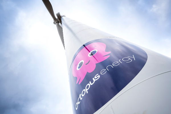 An Octopus Energy Fan Club wind turbine pictured from below