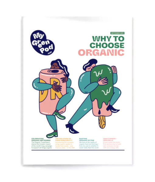 My Green Pod Magazine front cover for September 2022 - Illustration of two people hugging a drink carton and ice lolly