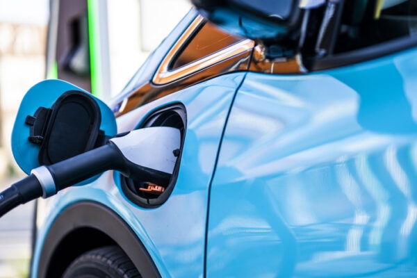 Close-up of an electric car charging