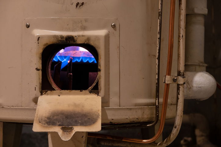 Fragment of an old white gas heating boiler. There are metal fittings and pipes. An open window shows a blue flame on the burner