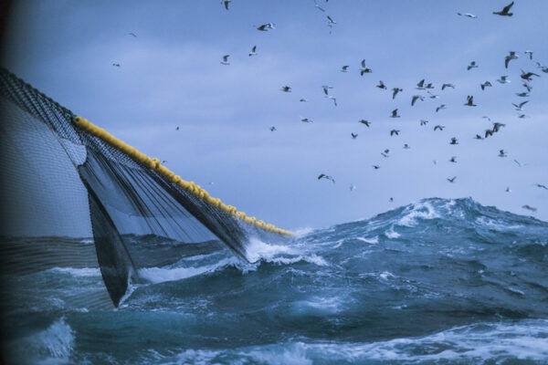 Fishingboat vessel fishing in a rough sea
