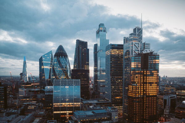 Aerial panoramic view of The City of London cityscape skyline